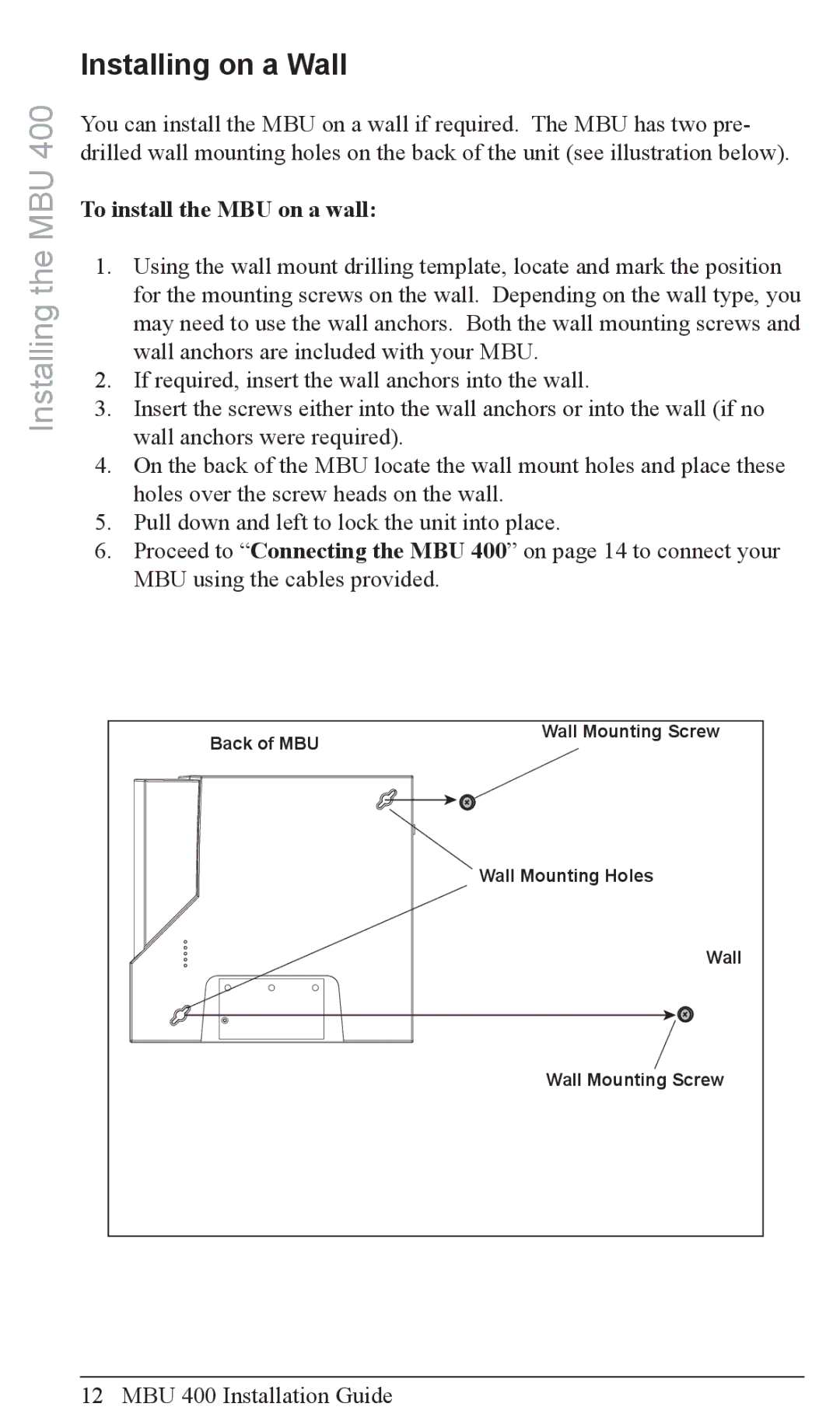 Aastra Telecom MBU 400TM manual Installing on a Wall, To install the MBU on a wall 