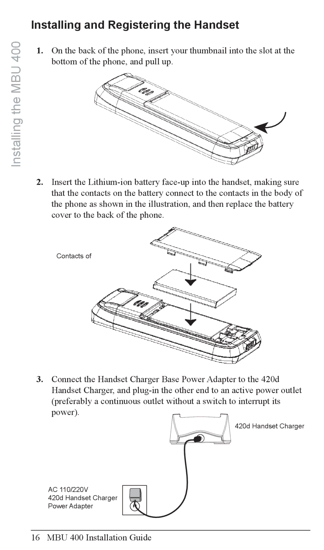 Aastra Telecom MBU 400TM manual Installing and Registering the Handset 