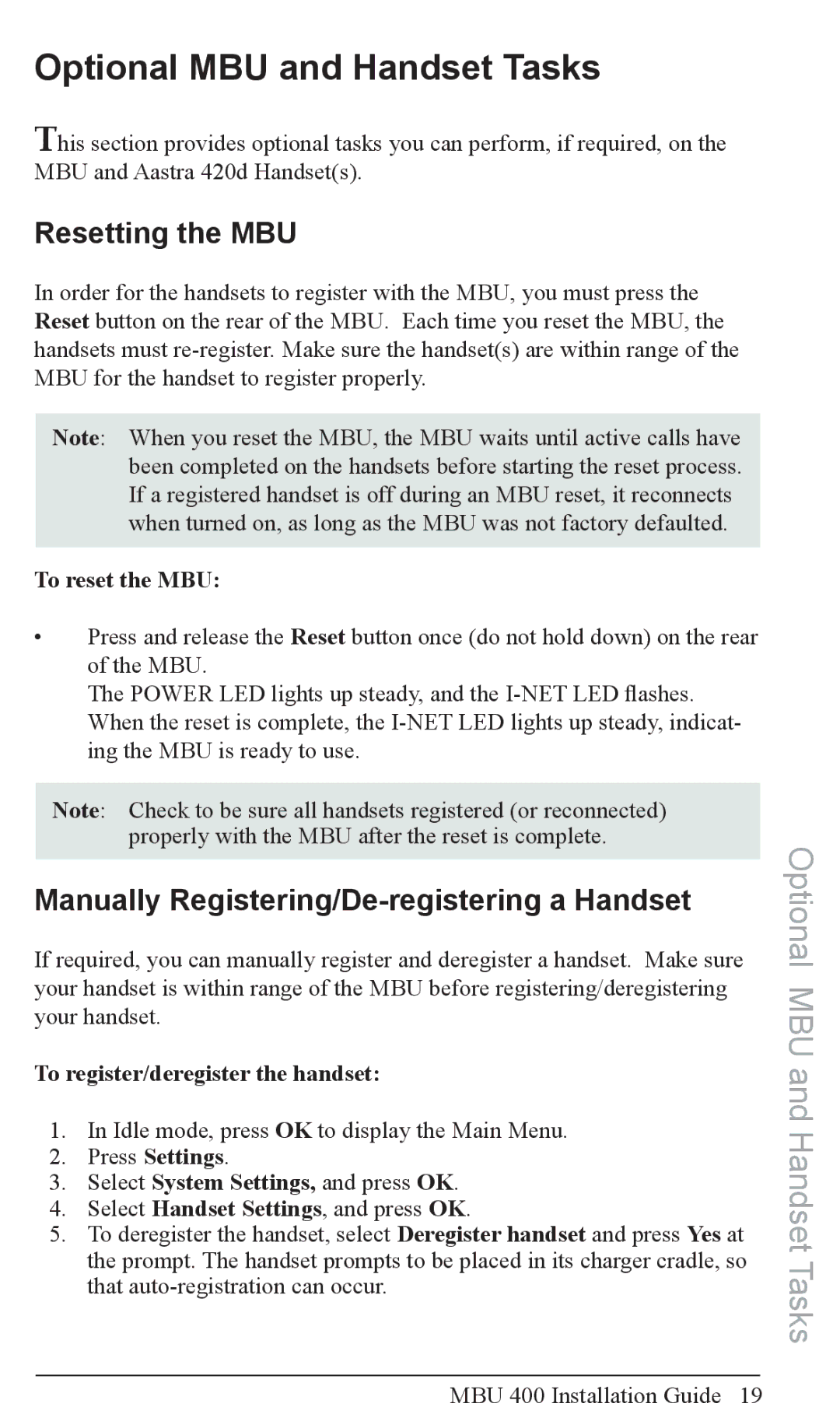 Aastra Telecom MBU 400TM Optional MBU and Handset Tasks, Resetting the MBU, Manually Registering/De-registering a Handset 