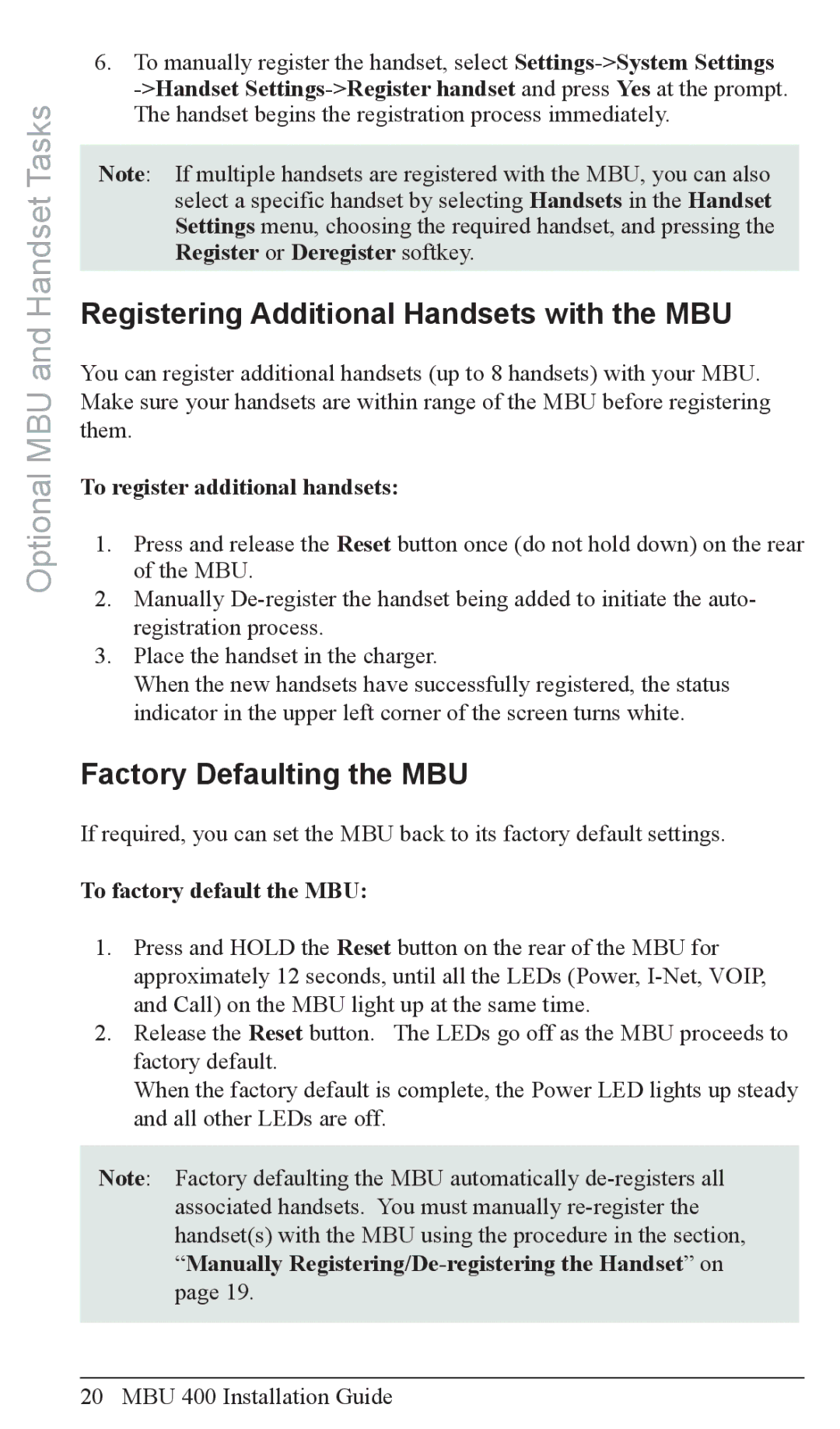 Aastra Telecom MBU 400TM manual Registering Additional Handsets with the MBU, Factory Defaulting the MBU 