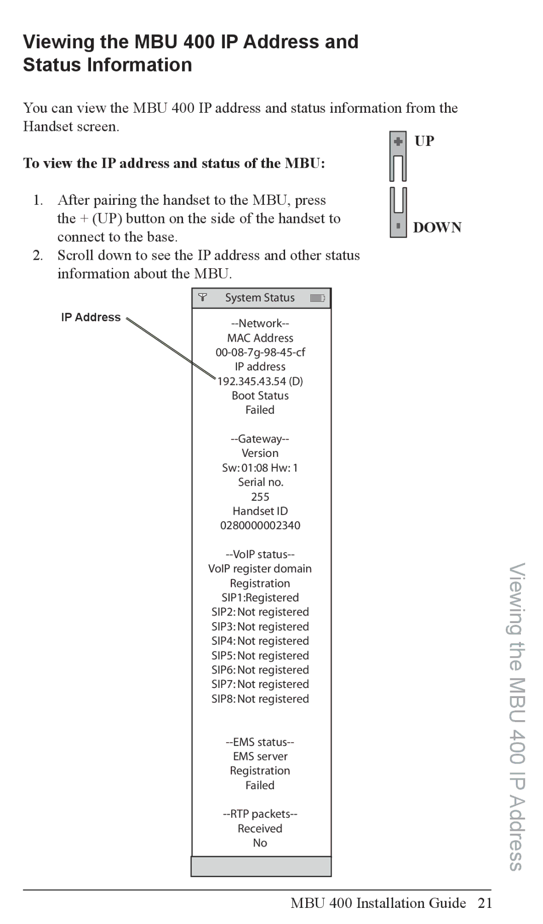 Aastra Telecom MBU 400TM manual Viewing the MBU 400 IP Address and Status Information 