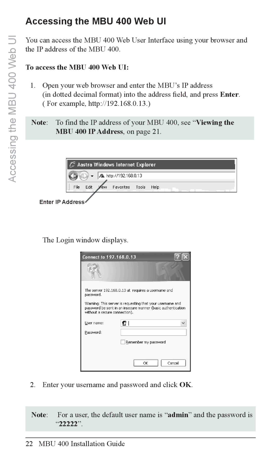 Aastra Telecom MBU 400TM manual Accessing the MBU 400 Web UI, To access the MBU 400 Web UI 