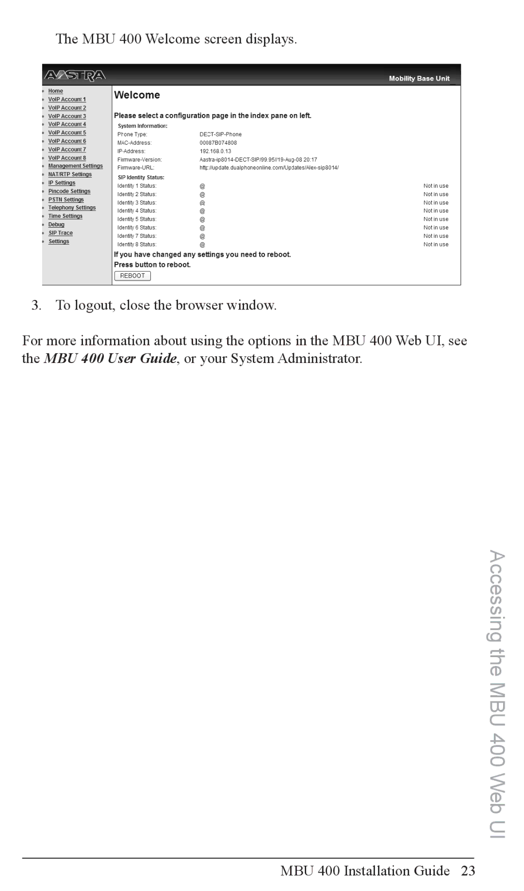 Aastra Telecom MBU 400TM manual Accessing the MBU 400 Web UI 