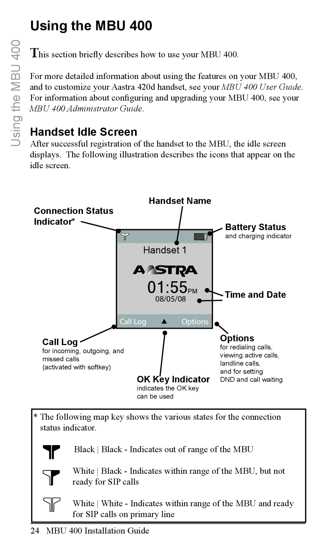 Aastra Telecom MBU 400TM manual Using the MBU, Handset Idle Screen 