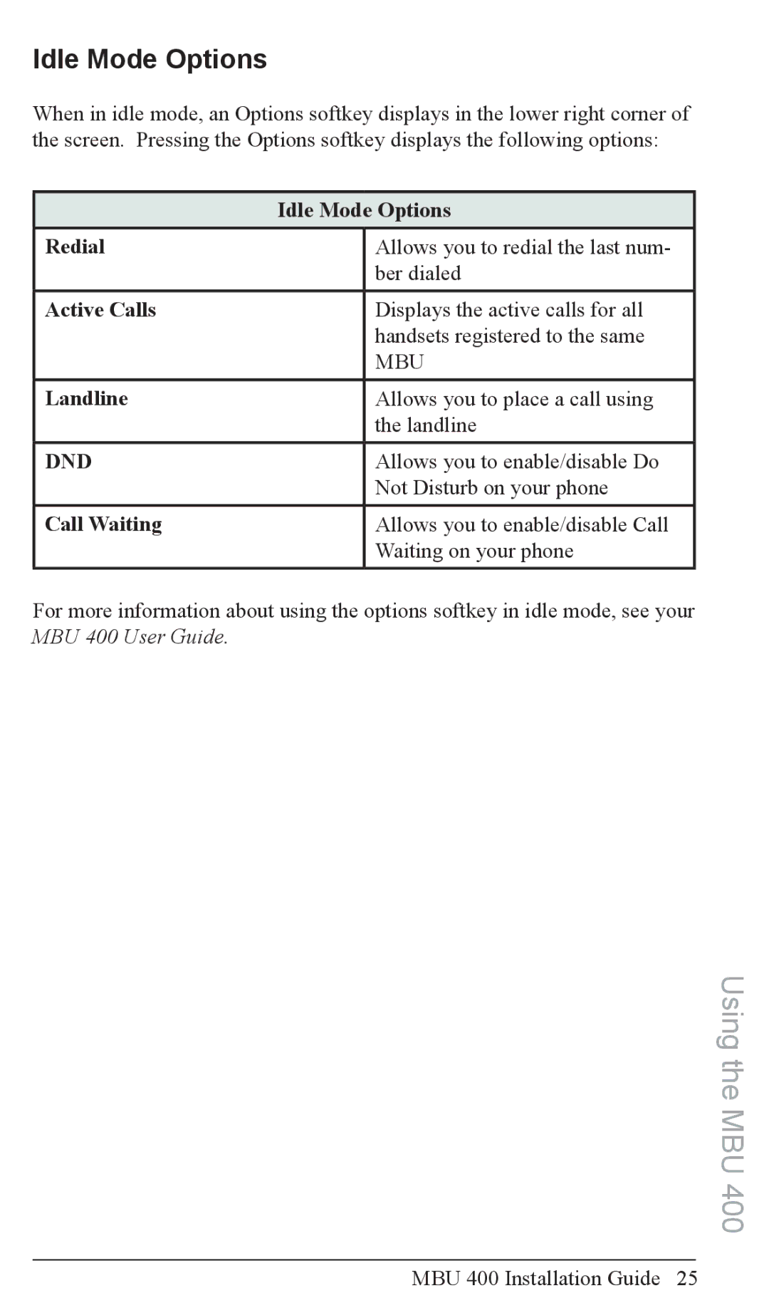 Aastra Telecom MBU 400TM manual Idle Mode Options 