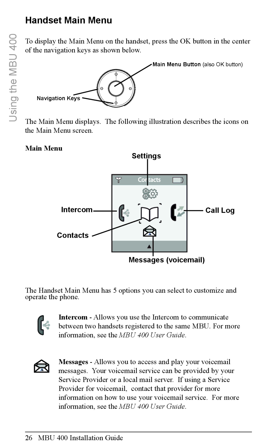 Aastra Telecom MBU 400TM manual Handset Main Menu 