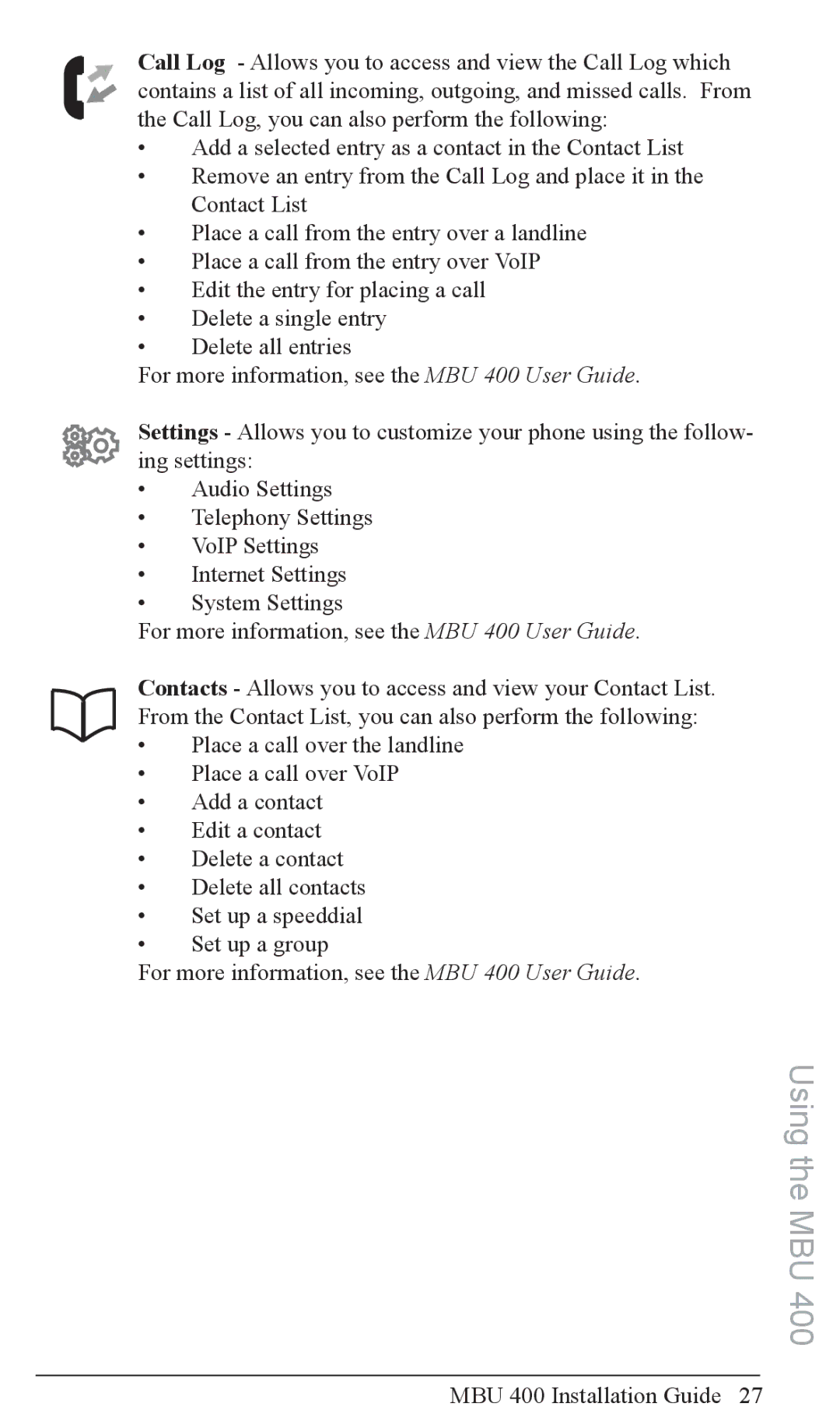 Aastra Telecom MBU 400TM manual Using the MBU 