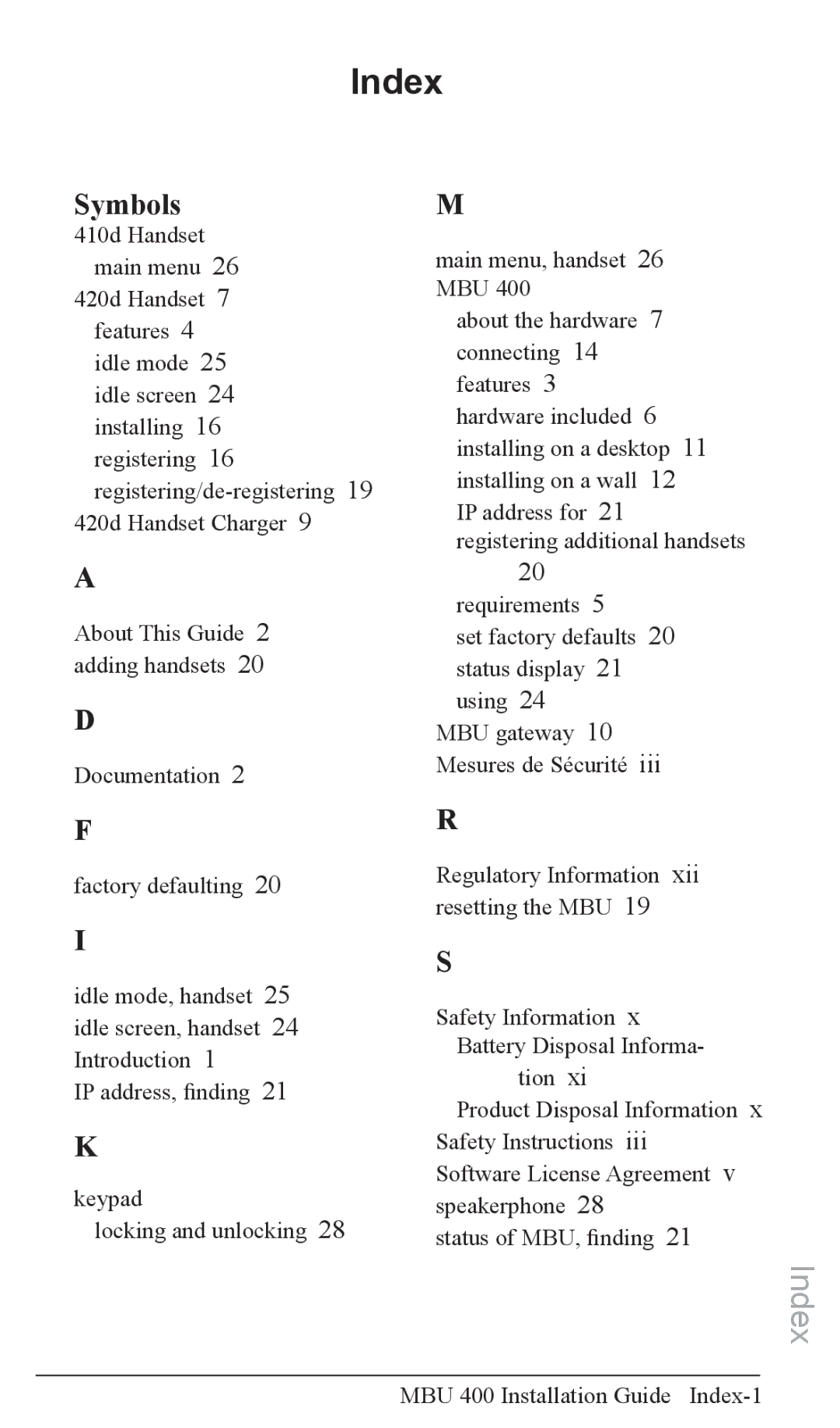 Aastra Telecom MBU 400TM manual MBU 400 Installation Guide Index-1 