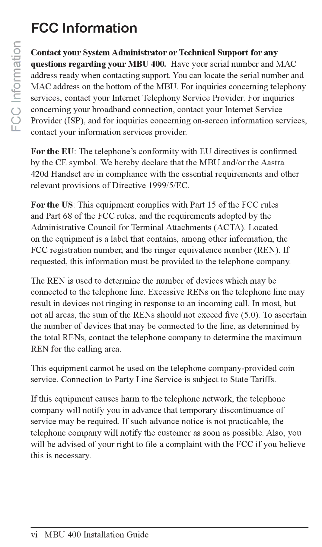 Aastra Telecom MBU 400TM manual FCC Information 