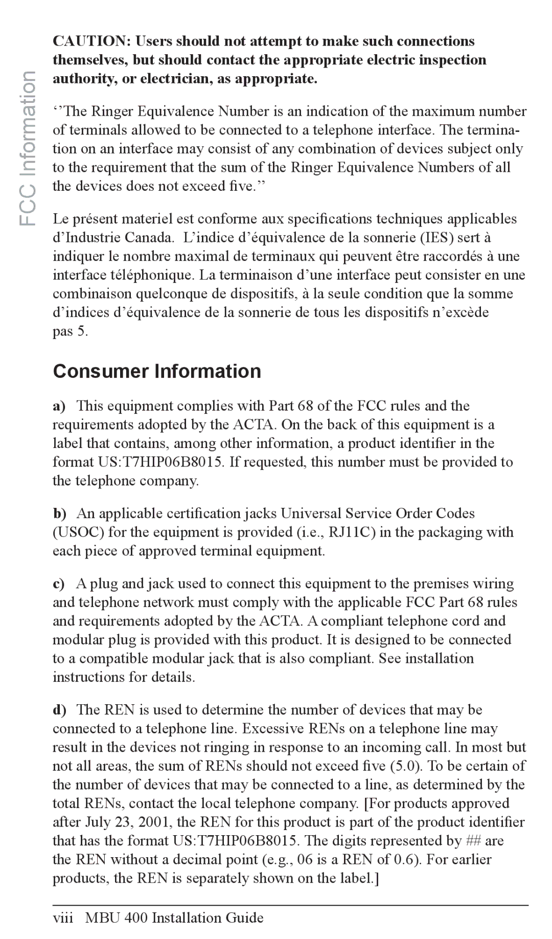 Aastra Telecom MBU 400TM manual Consumer Information, Pas, Viii MBU 400 Installation Guide 