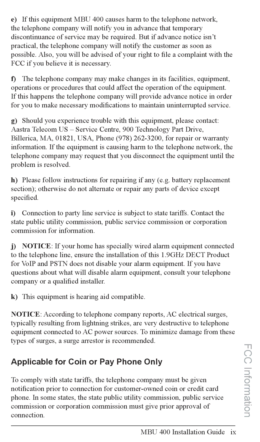 Aastra Telecom MBU 400TM manual Applicable for Coin or Pay Phone Only, FCC if you believe it is necessary 