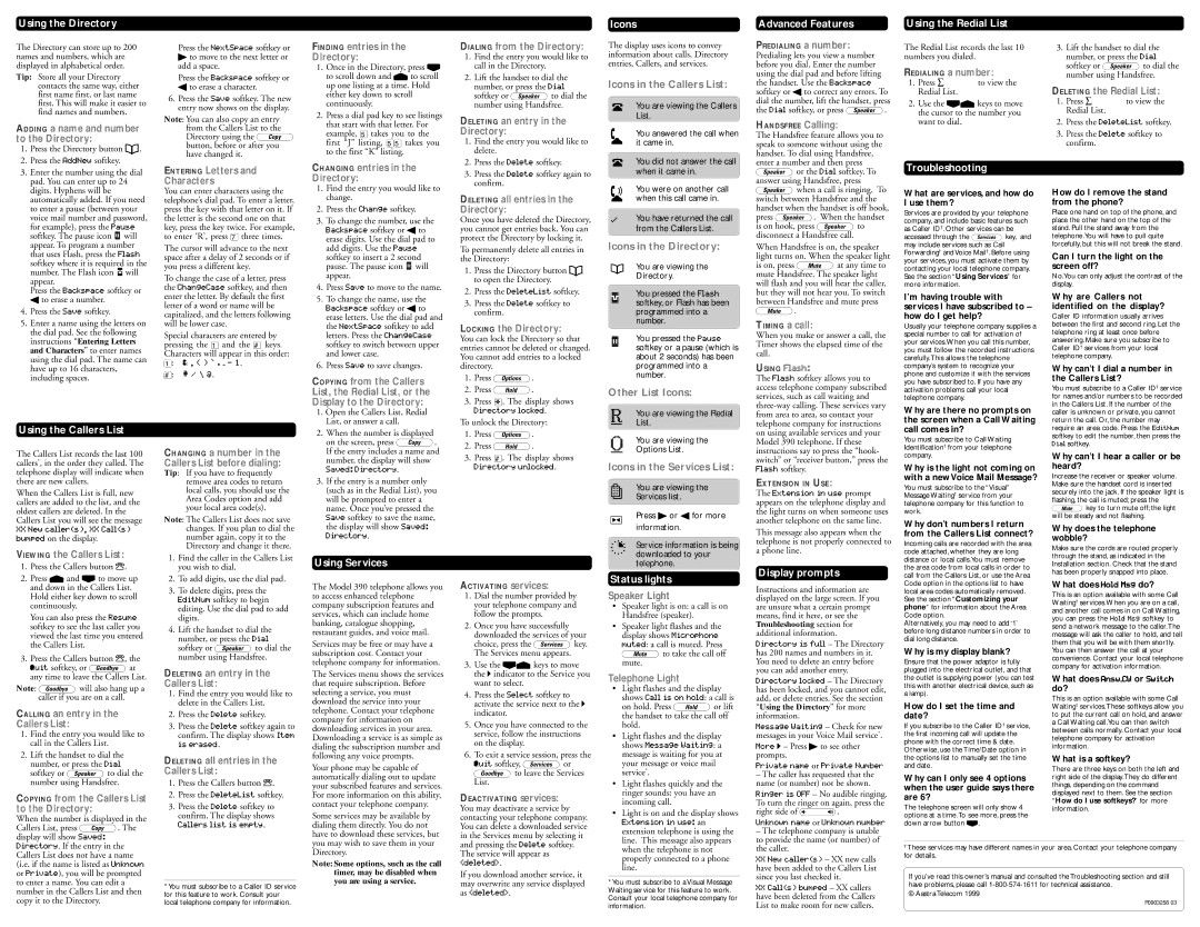 Aastra Telecom Powertouch 390 manual Using the Directory, Icons, Advanced Features, Using the Redial List, Troubleshooting 