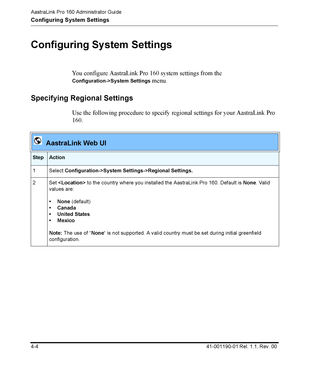 Aastra Telecom Pro 160 manual Configuring System Settings, Specifying Regional Settings, Configuration-System Settings menu 