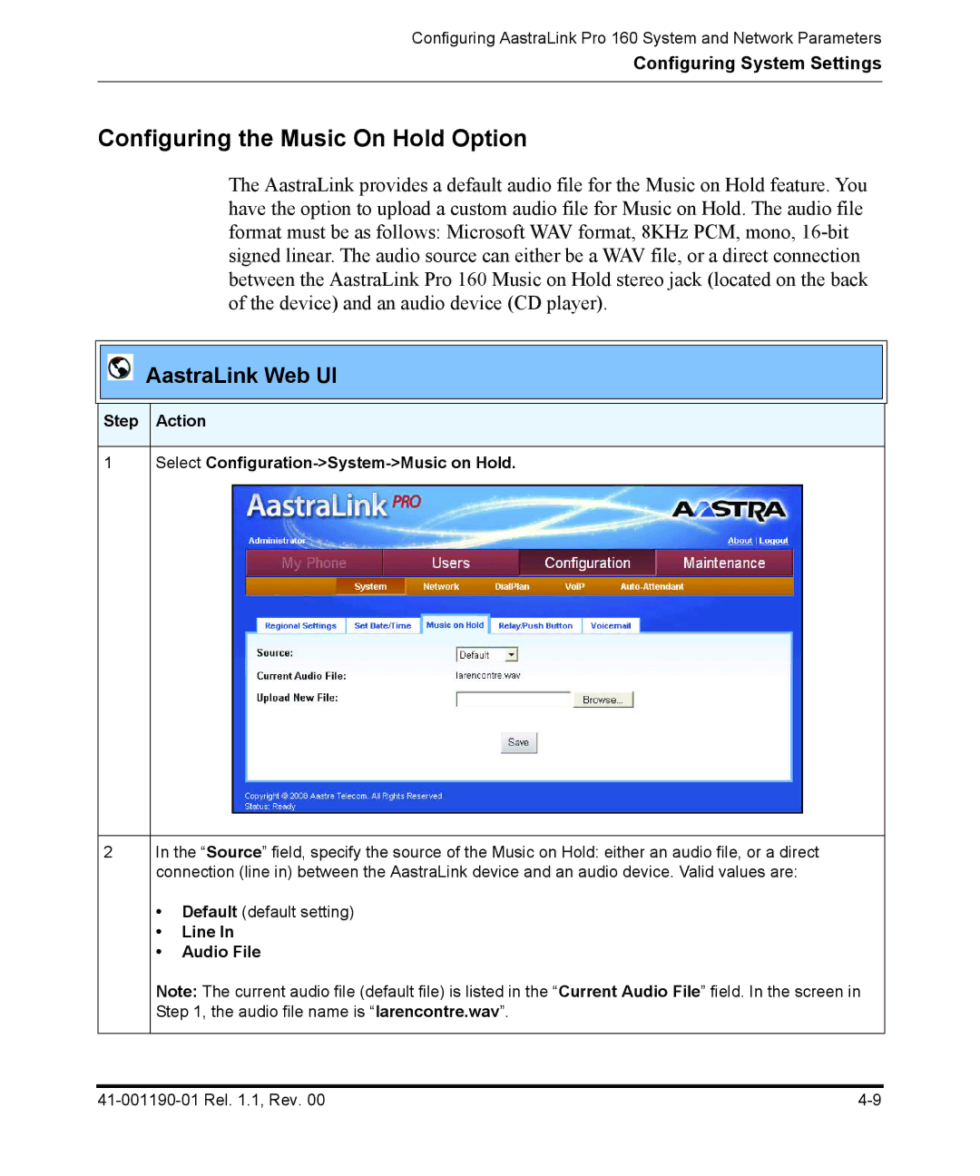 Aastra Telecom Pro 160 manual Configuring the Music On Hold Option 