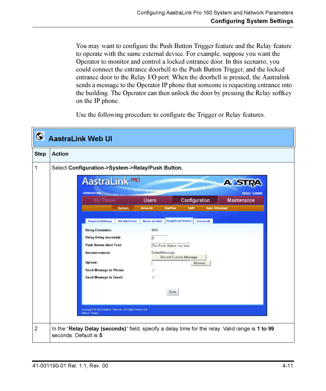 Aastra Telecom Pro 160 manual Step Action Select Configuration-System-Relay/Push Button 