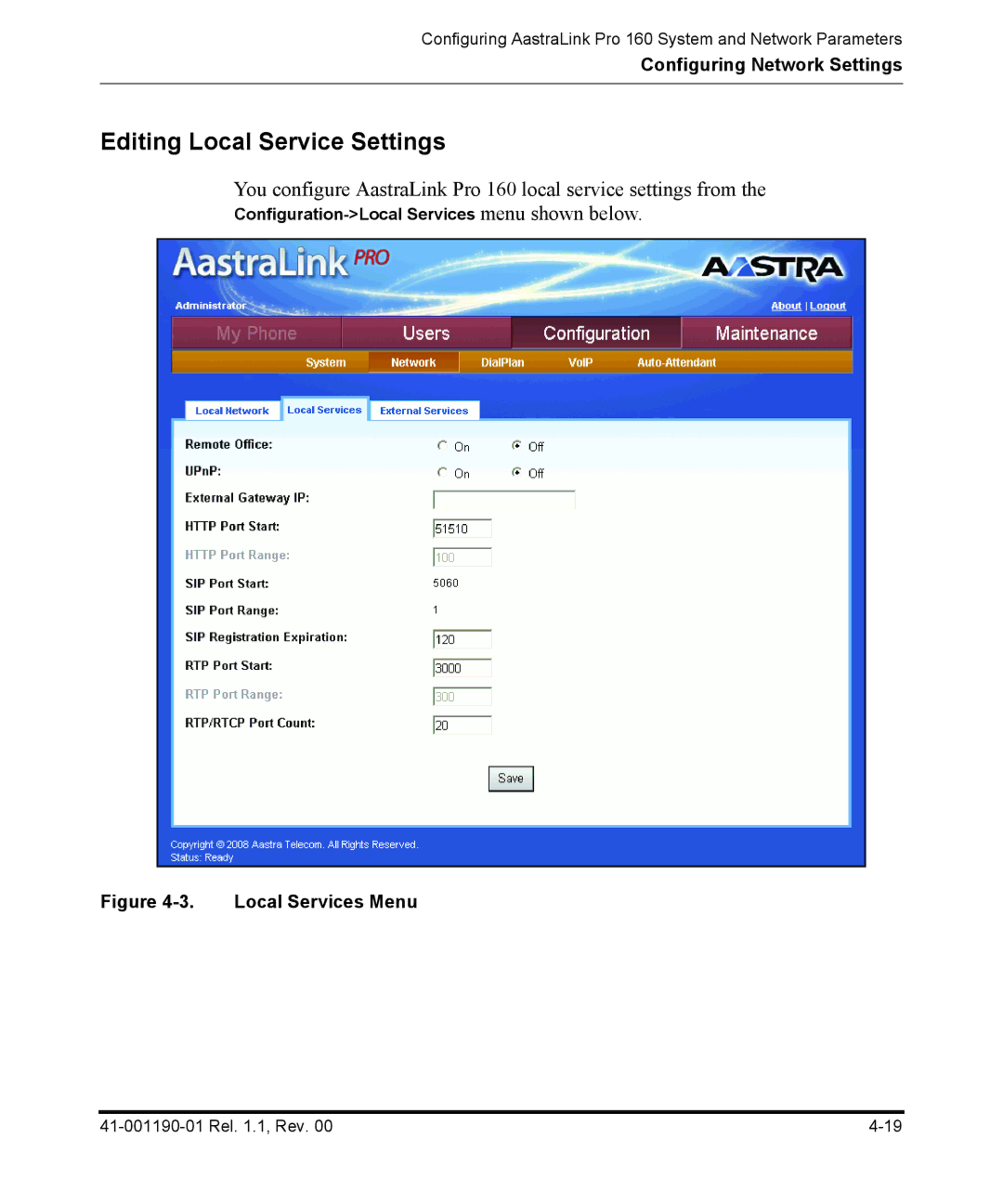 Aastra Telecom Pro 160 manual Editing Local Service Settings, Configuration-Local Services menu shown below 