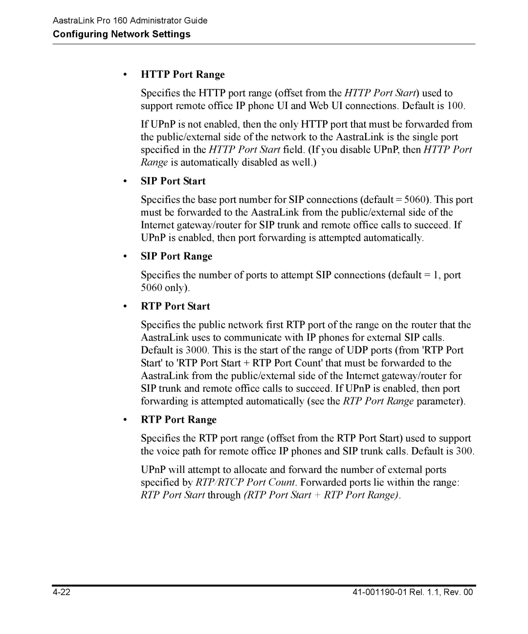 Aastra Telecom Pro 160 manual Http Port Range, SIP Port Start, SIP Port Range, RTP Port Start, RTP Port Range 
