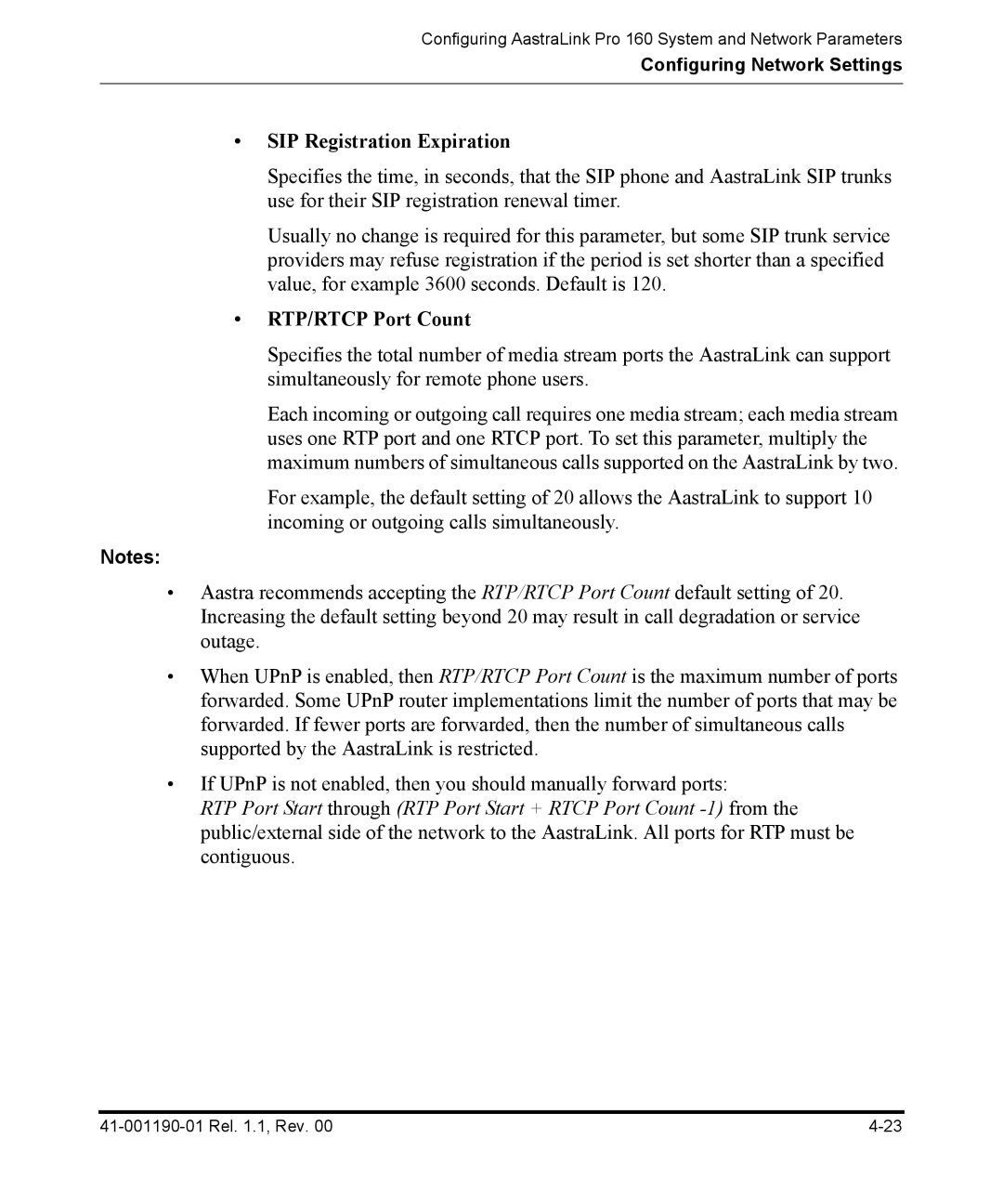 Aastra Telecom Pro 160 manual SIP Registration Expiration, RTP/RTCP Port Count 