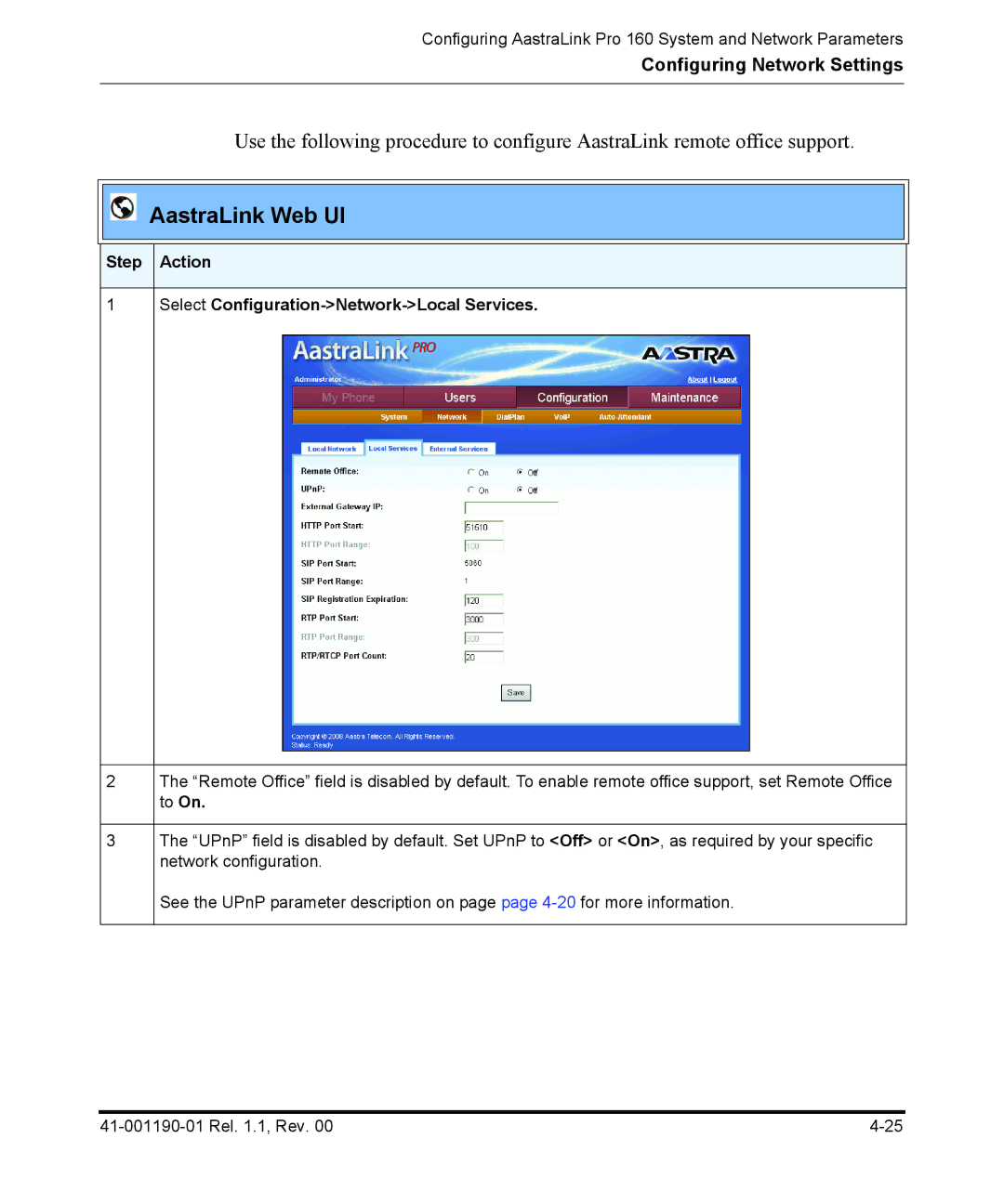 Aastra Telecom Pro 160 manual Step Action Select Configuration-Network-Local Services 