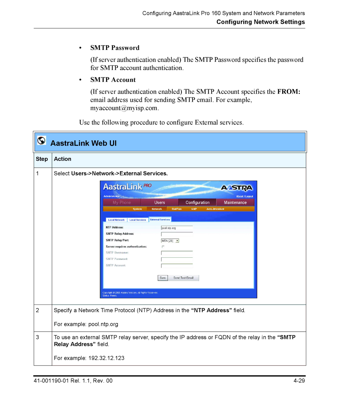 Aastra Telecom Pro 160 manual Smtp Password, Smtp Account, Step Action Select Users-Network-External Services 