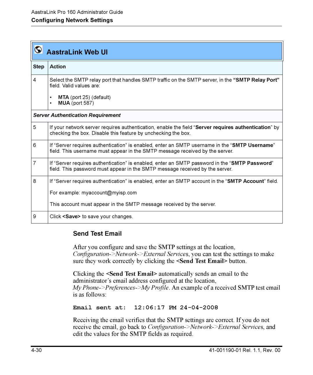 Aastra Telecom Pro 160 manual Send Test Email, Server Authentication Requirement 