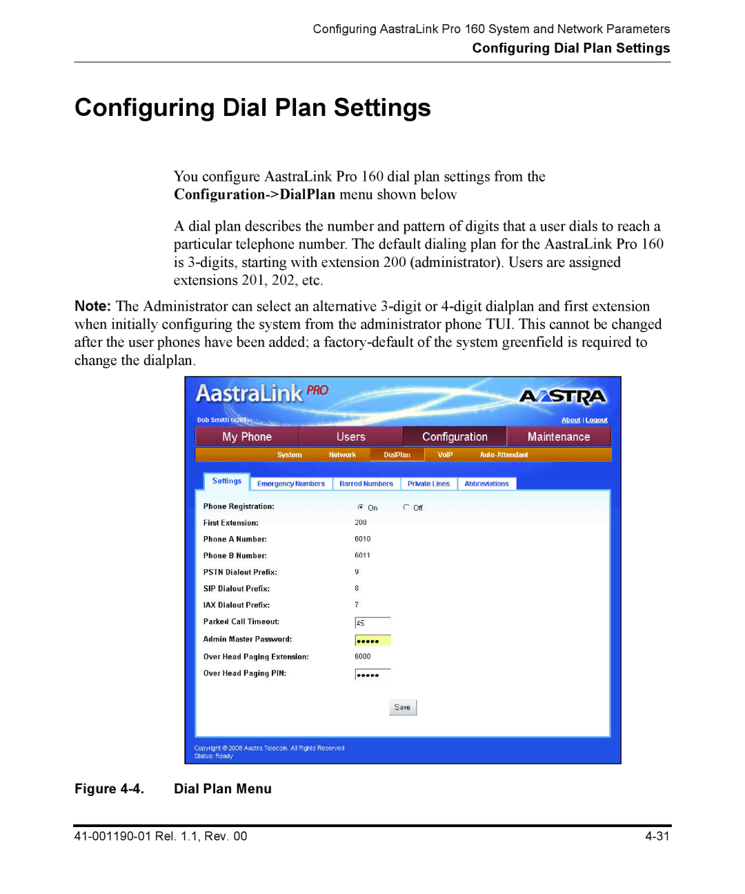 Aastra Telecom Pro 160 manual Configuring Dial Plan Settings, Configuration-DialPlan menu shown below, Dial Plan Menu 