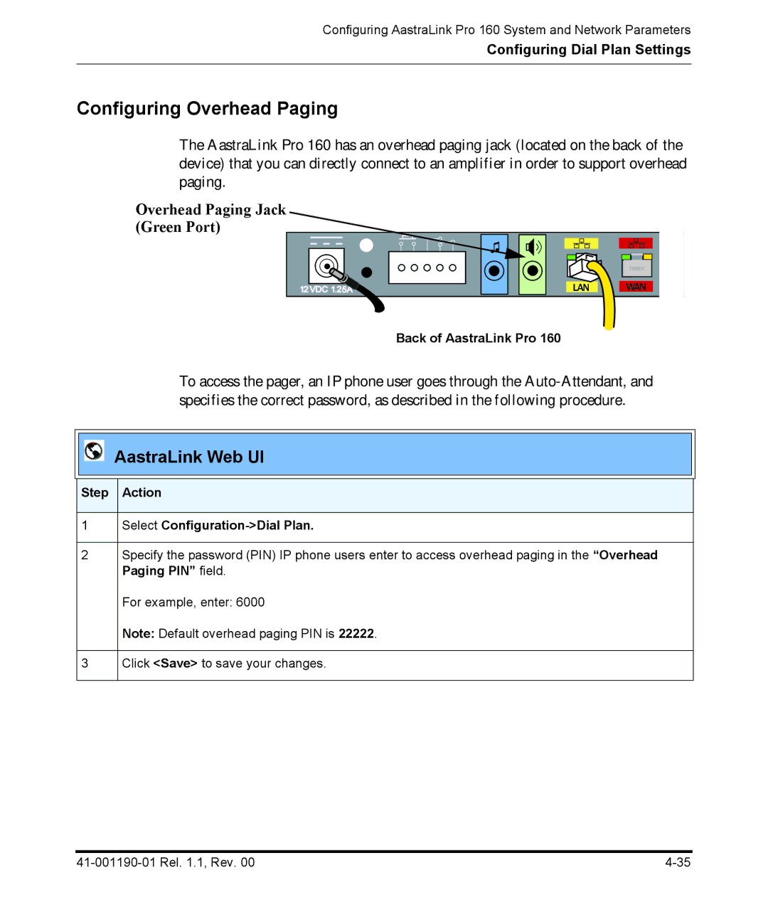 Aastra Telecom Pro 160 manual Configuring Overhead Paging, Overhead Paging Jack Green Port, Back of AastraLink Pro 