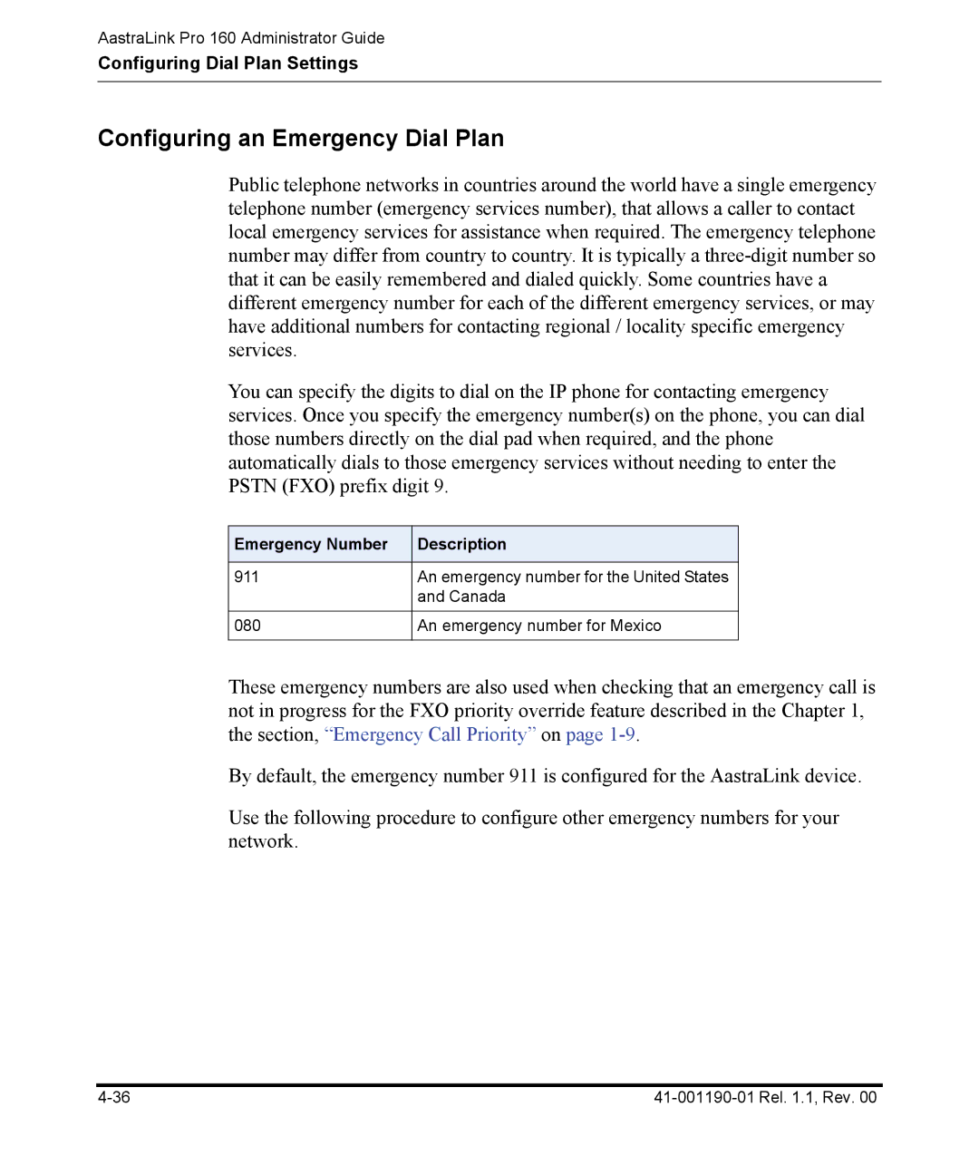 Aastra Telecom Pro 160 manual Configuring an Emergency Dial Plan, Emergency Number Description 