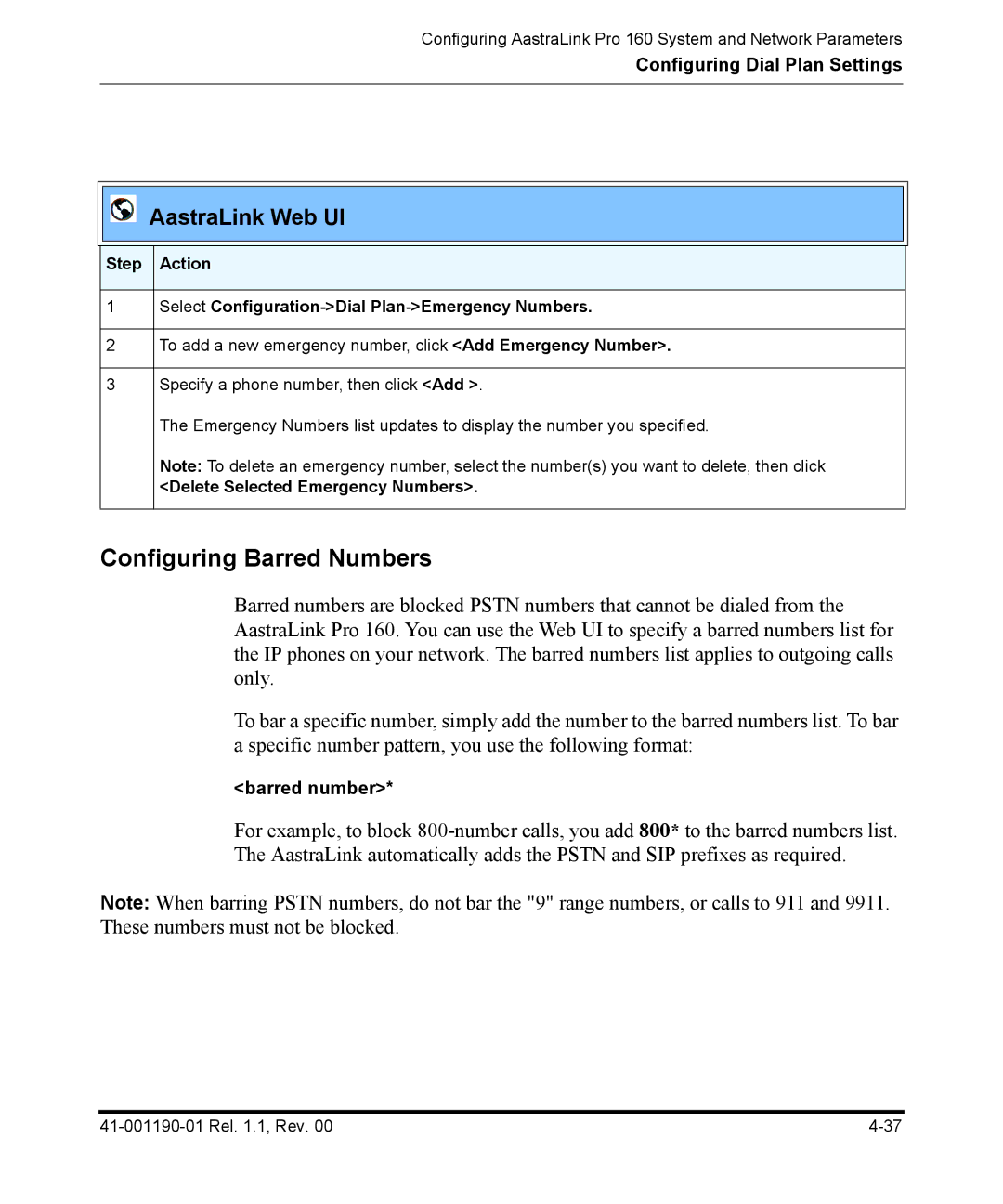 Aastra Telecom Pro 160 manual Configuring Barred Numbers, Delete Selected Emergency Numbers 