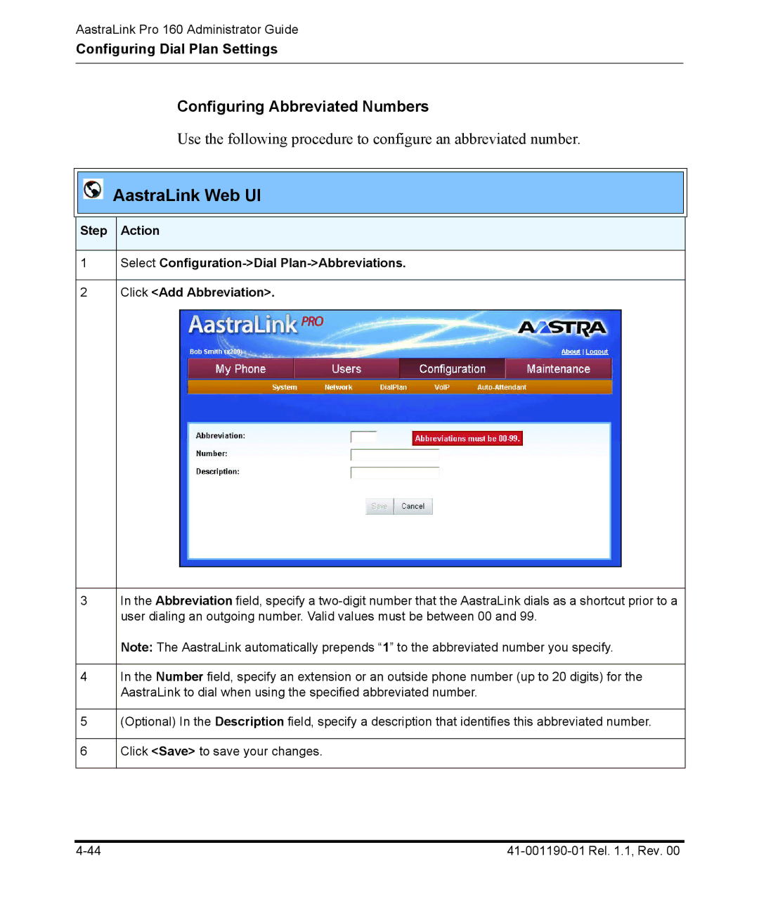 Aastra Telecom Pro 160 manual Configuring Abbreviated Numbers 