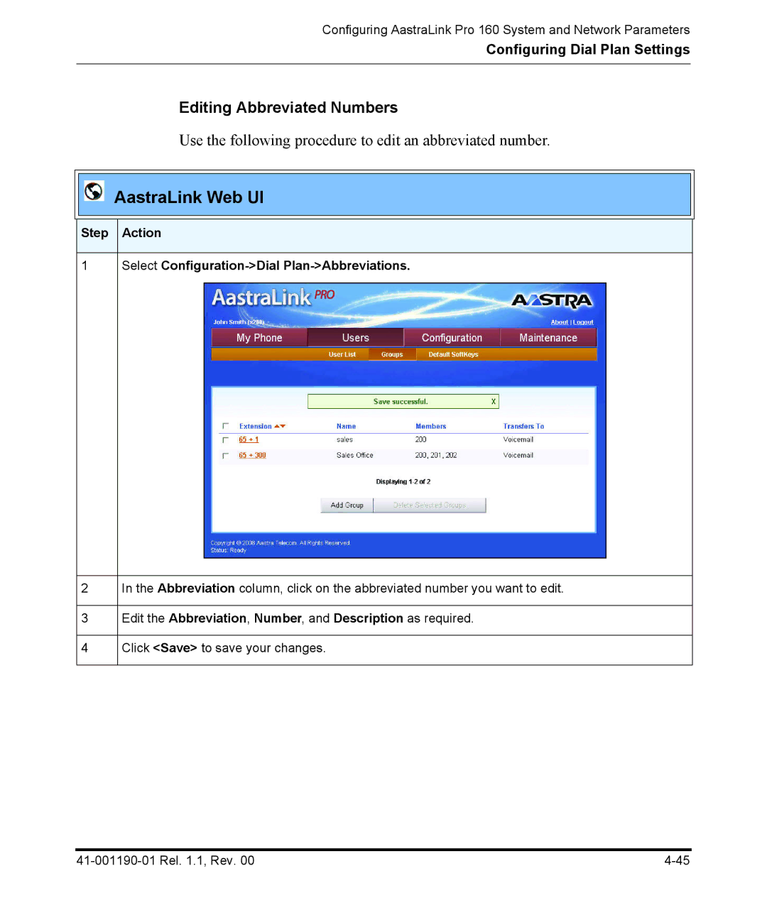 Aastra Telecom Pro 160 manual Editing Abbreviated Numbers, Step Action Select Configuration-Dial Plan-Abbreviations 