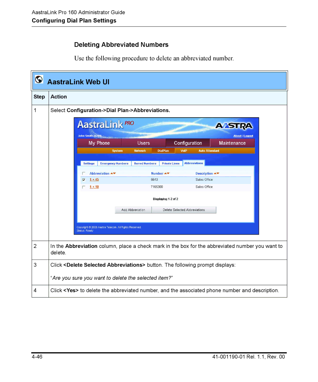 Aastra Telecom Pro 160 manual Deleting Abbreviated Numbers 