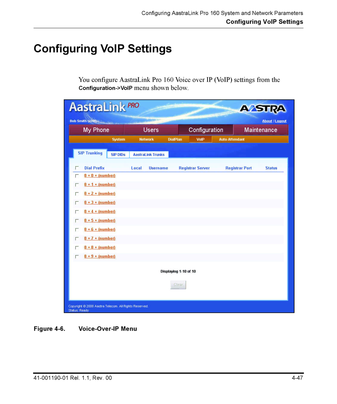 Aastra Telecom Pro 160 manual Configuring VoIP Settings, Configuration-VoIP menu shown below 