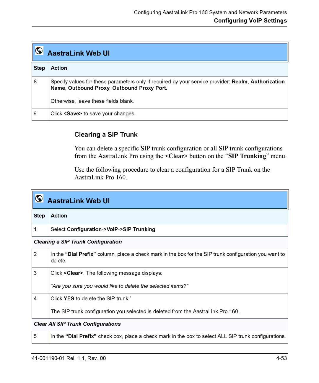 Aastra Telecom Pro 160 manual Clearing a SIP Trunk Configuration 