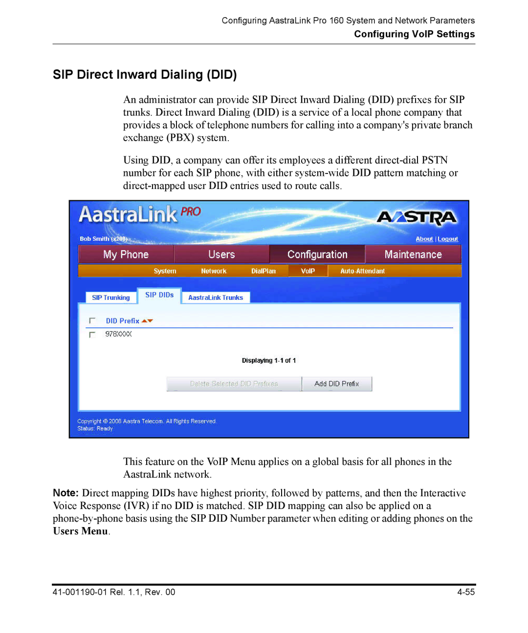 Aastra Telecom Pro 160 manual SIP Direct Inward Dialing did 