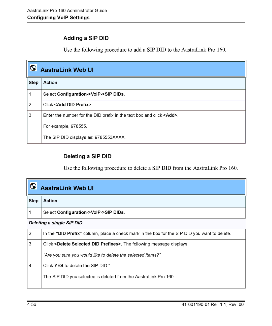 Aastra Telecom Pro 160 manual Adding a SIP did, Deleting a SIP did, Step Action Select Configuration-VoIP-SIP DIDs 