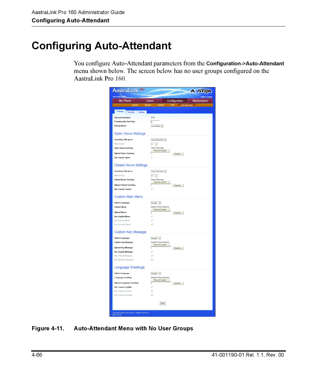 Aastra Telecom Pro 160 manual Configuring Auto-Attendant, Auto-Attendant Menu with No User Groups 