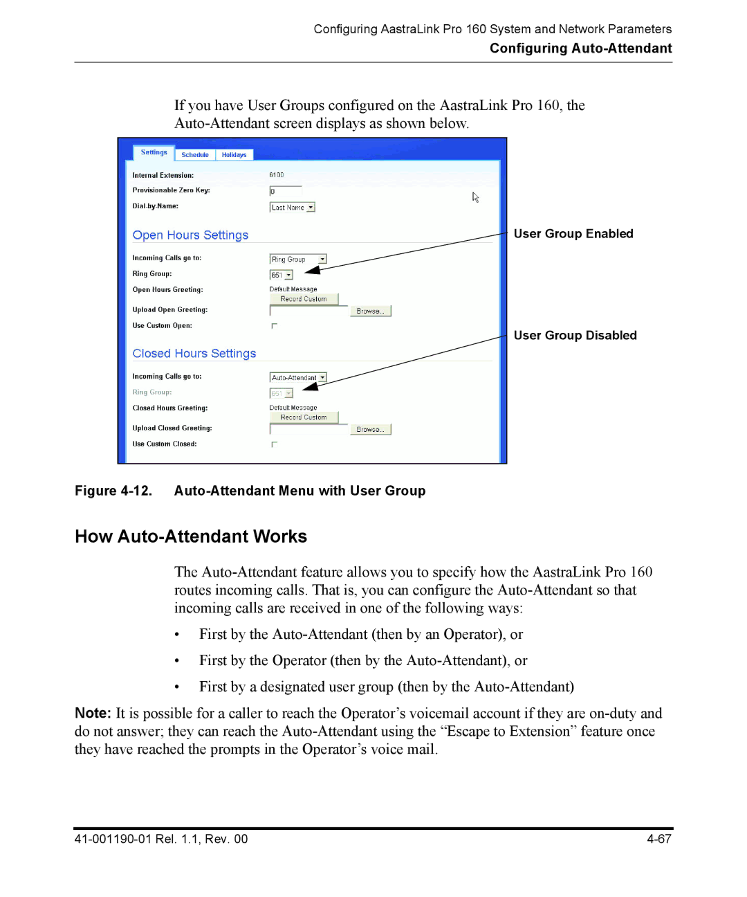 Aastra Telecom Pro 160 manual How Auto-Attendant Works, User Group Enabled User Group Disabled 