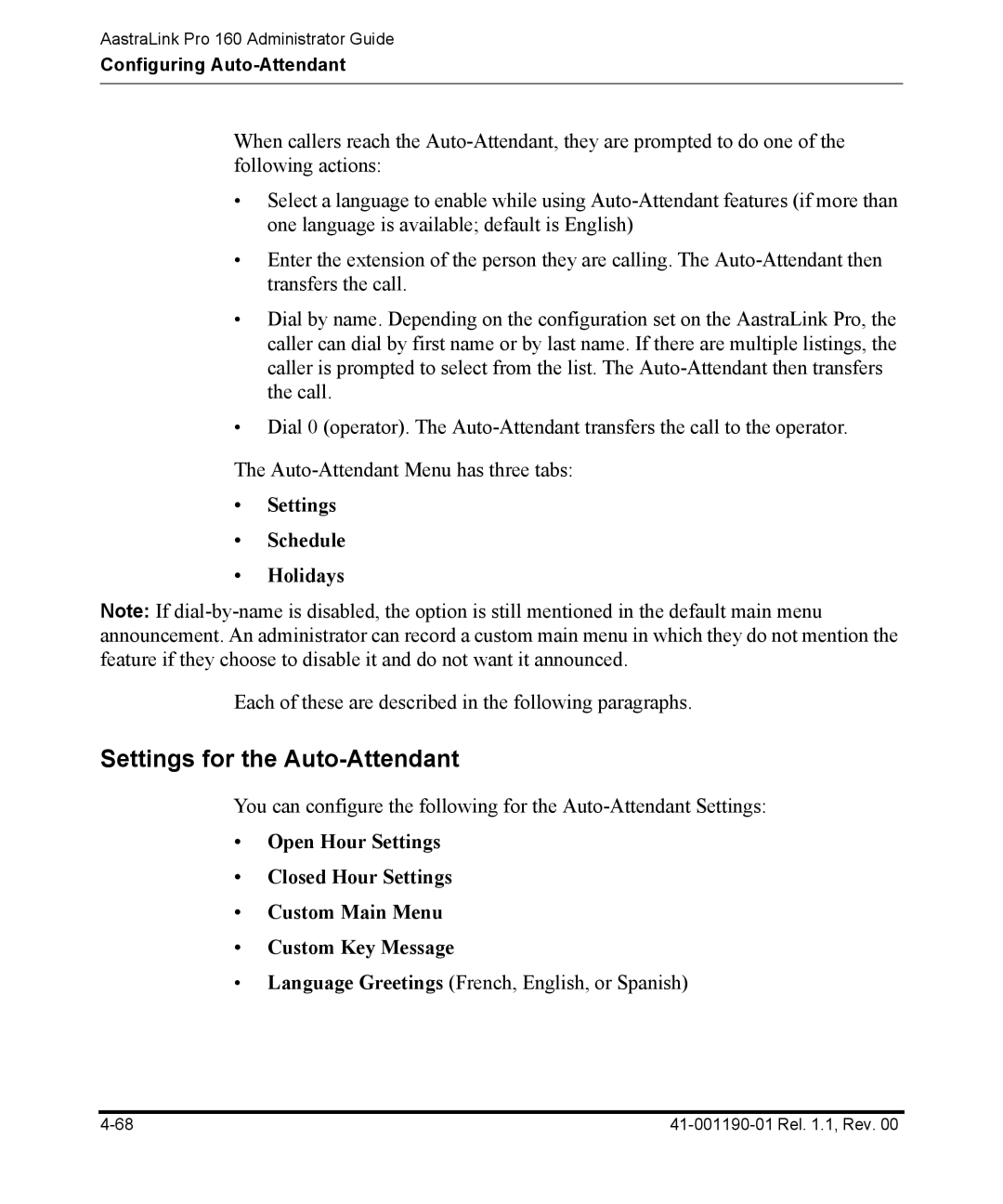 Aastra Telecom Pro 160 manual Settings for the Auto-Attendant, Settings Schedule Holidays 