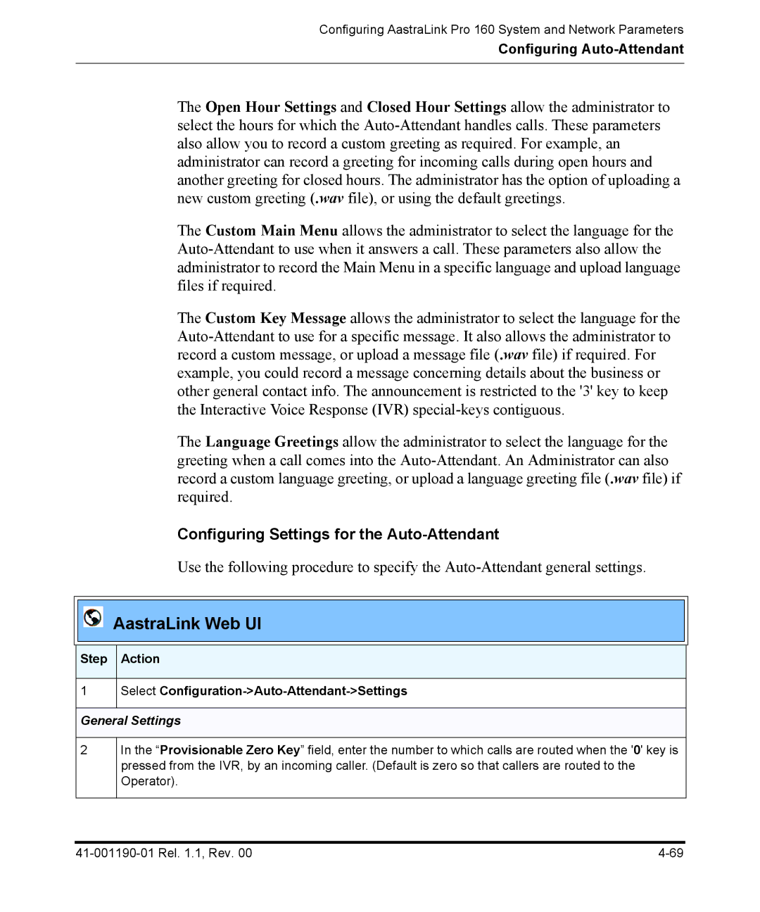 Aastra Telecom Pro 160 manual Configuring Settings for the Auto-Attendant 