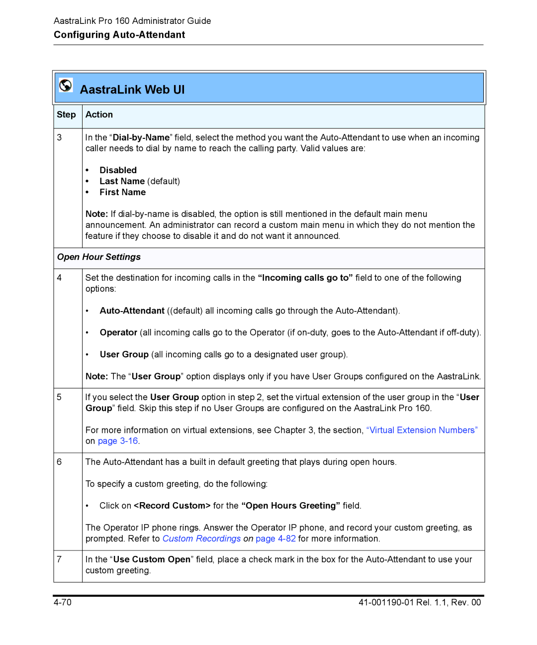 Aastra Telecom Pro 160 Disabled Last Name default First Name, Click on Record Custom for the Open Hours Greeting field 