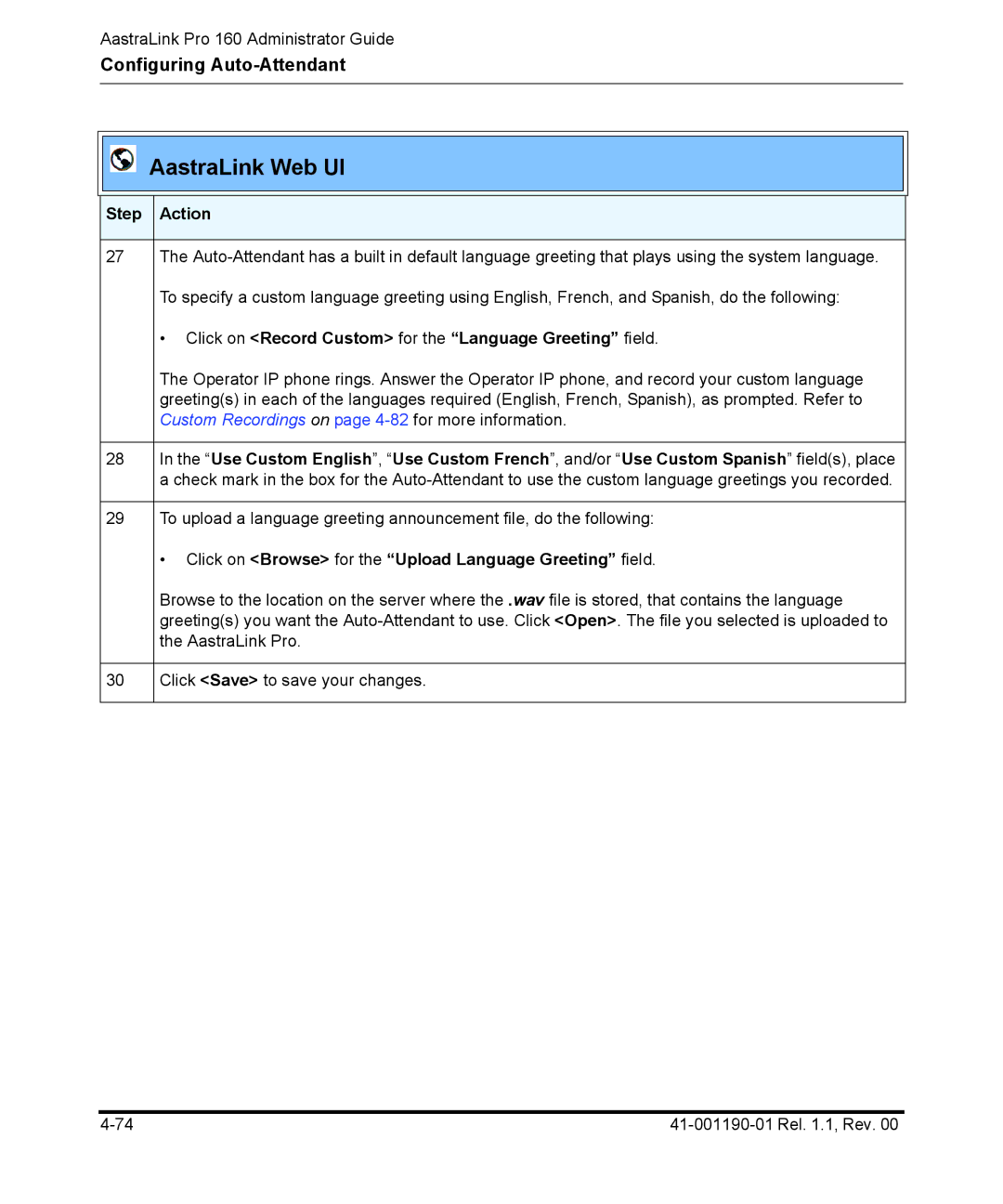 Aastra Telecom Pro 160 manual Click on Record Custom for the Language Greeting field 