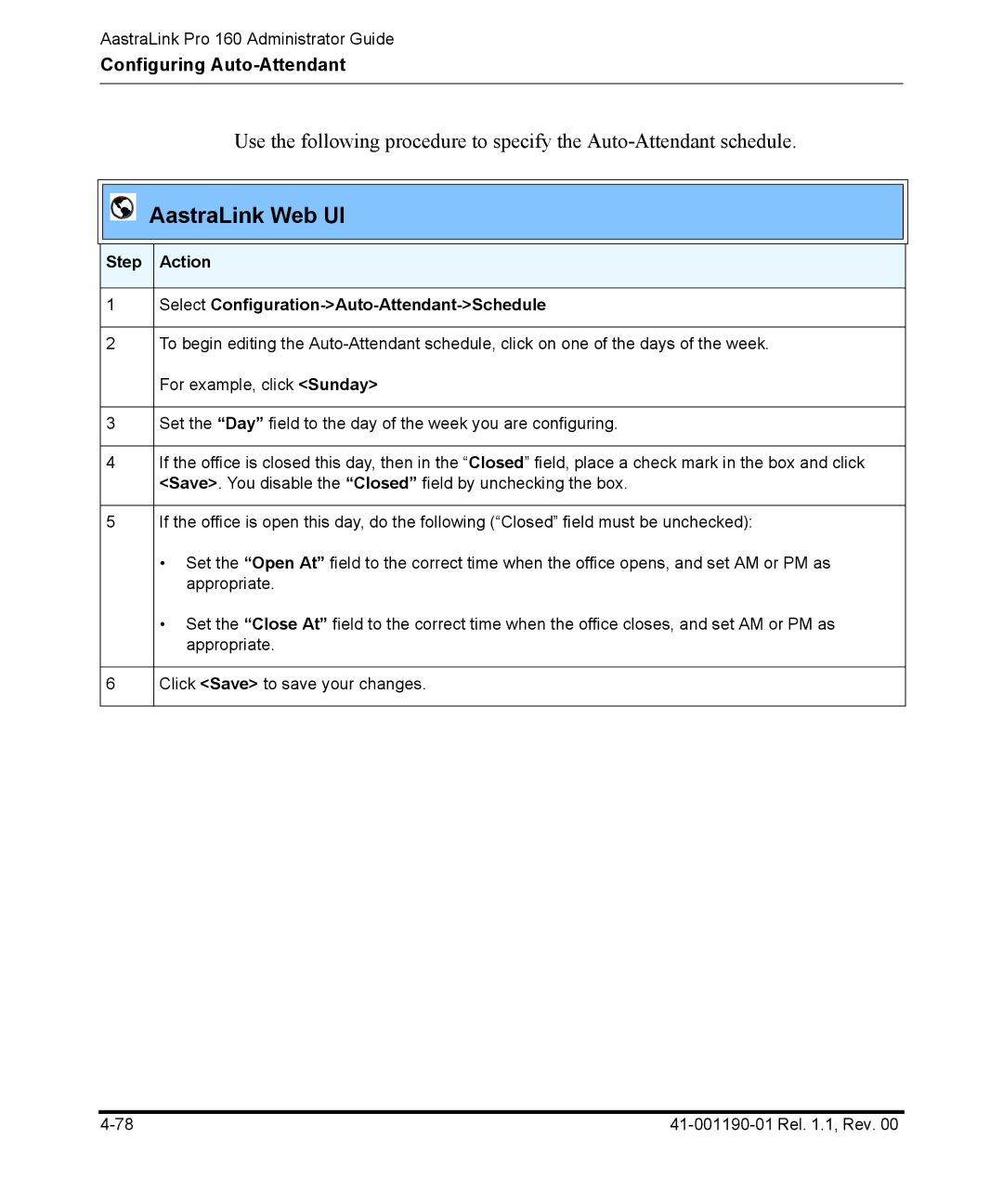 Aastra Telecom Pro 160 manual Step Action Select Configuration-Auto-Attendant-Schedule 