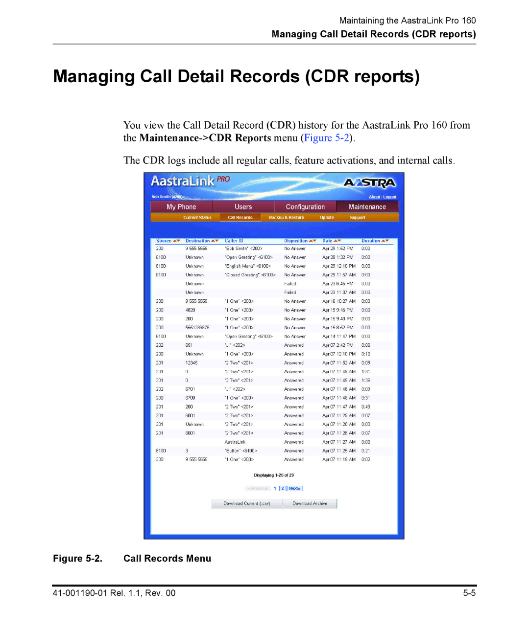 Aastra Telecom Pro 160 manual Managing Call Detail Records CDR reports, Call Records Menu 