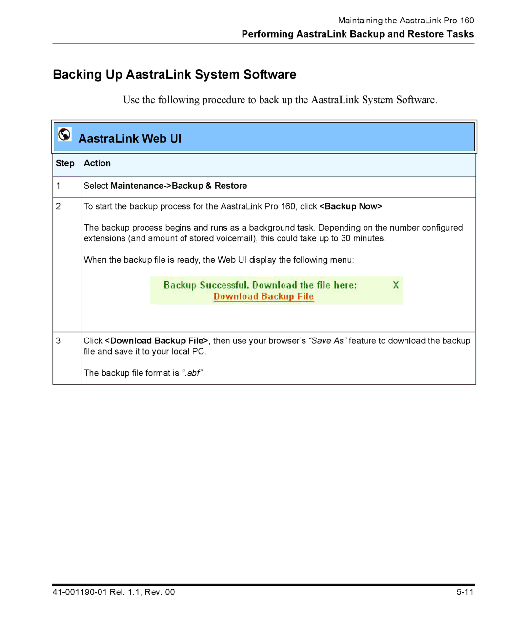 Aastra Telecom Pro 160 manual Backing Up AastraLink System Software, Step Action Select Maintenance-Backup & Restore 