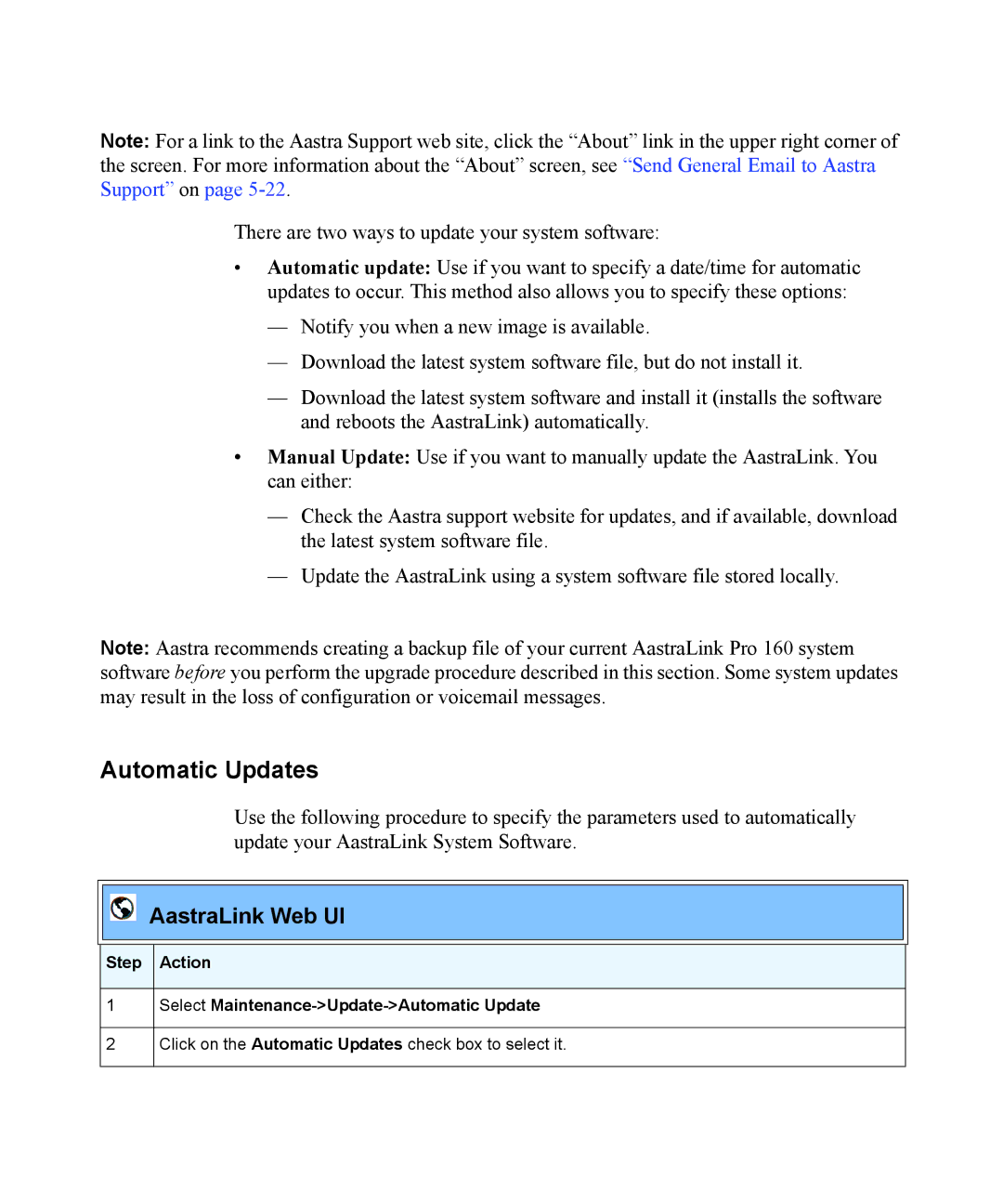 Aastra Telecom Pro 160 manual Automatic Updates, Step Action Select Maintenance-Update-Automatic Update 