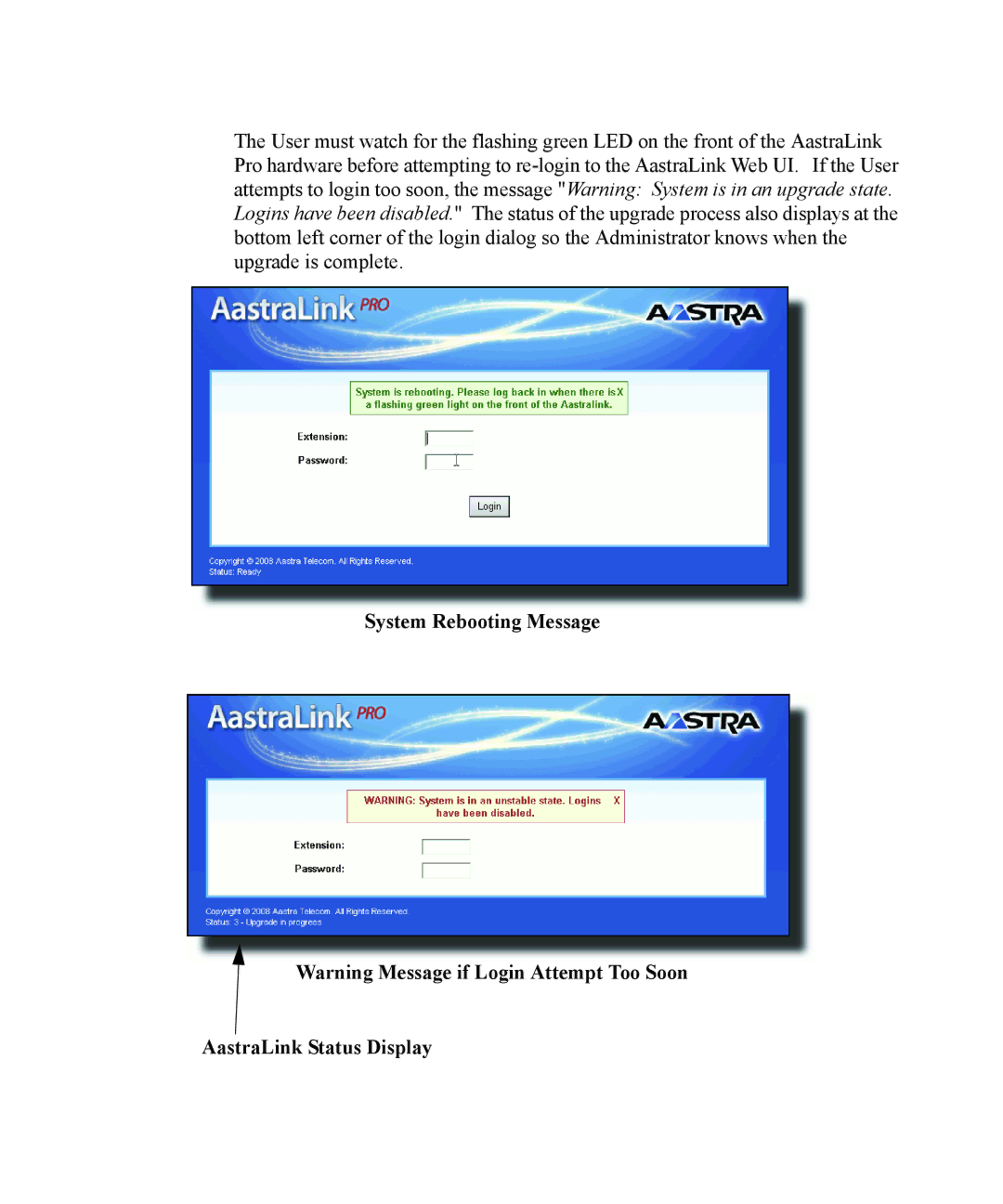 Aastra Telecom Pro 160 manual System Rebooting Message AastraLink Status Display 