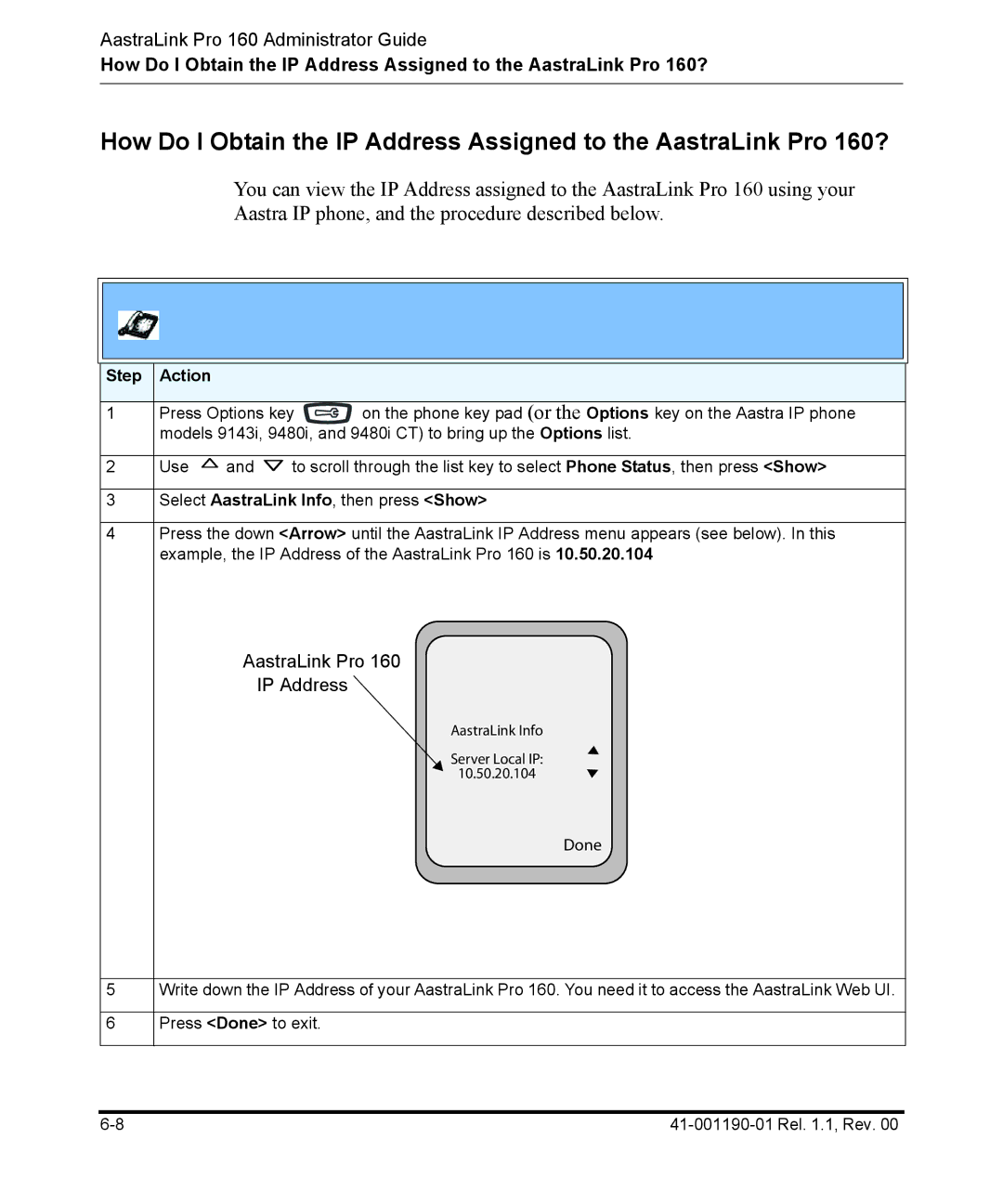 Aastra Telecom Pro 160 manual AastraLink Pro IP Address, Select AastraLink Info, then press Show 