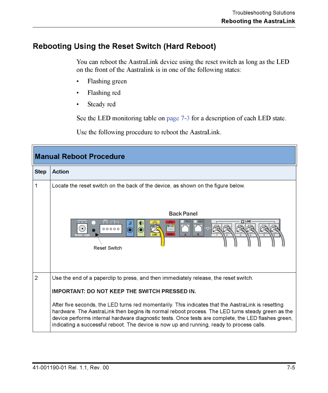 Aastra Telecom Pro 160 manual Rebooting Using the Reset Switch Hard Reboot, Manual Reboot Procedure 