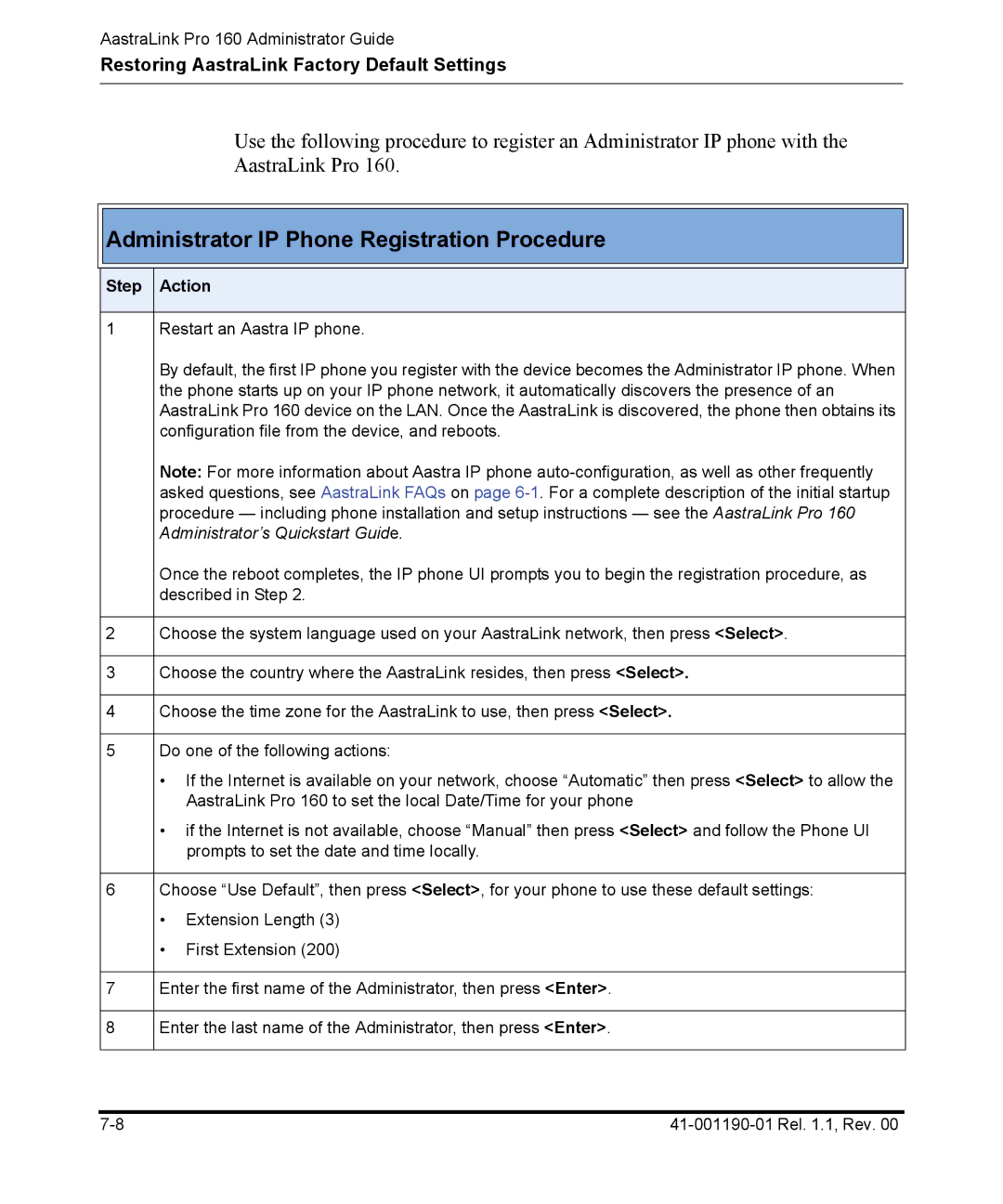 Aastra Telecom Pro 160 manual Administrator IP Phone Registration Procedure 